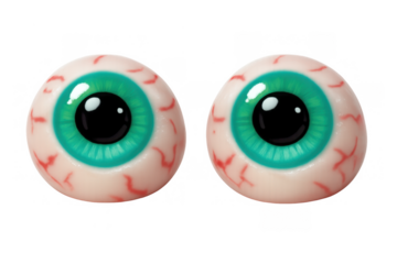 Pair of cartoon green eyeballs with red veins, a spooky halloween and creepy anatomy concept on transparent background