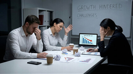 Team struggles with growth challenges in business meeting office environment serious mood 3 people close-up view