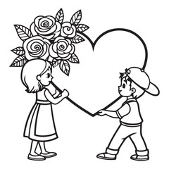 Obraz premium Valentine’s Day Couple Coloring Pages – Romantic Heart Designs, Love Illustrations for Adults and Kids, Valentine’s Coloring Sheets for Couples, Black and white line art illustration.