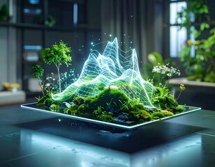 A glowing topographical map of a green landscape on a floating screen