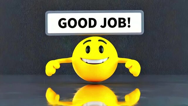 Cheerful yellow 3d emoji character expression celebrates success under a glowing sign proclaiming good job achievement recognition