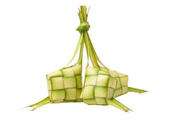 woven ketupat rice cakes in palm leaf pouches for ramadan eid celebration