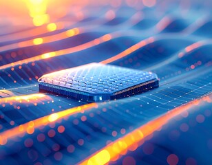 Close-up of a blue processor chip on a wavy surface, with orange light