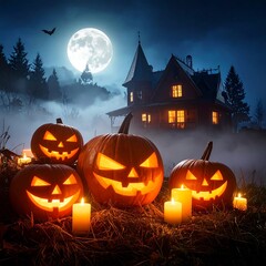 Spooky scene with illuminated carved gourds, candles, and a haunted dwelling