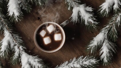 Cozy Winter Scene - Hot Chocolate with Marshmallows and Snowy Pine Branches.