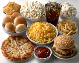 An assortment of unhealthy comfort foods, including pizza, burger, fries, mac and cheese, popcorn, and soda, are ready for consumption.
