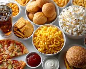 An overhead view shows an assortment of delicious and unhealthy fast foods including pizza, burger, and macaroni on a white background.