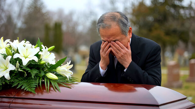 Grieving elderly man in a dark suit weeps while covering his face beside a polished wooden casket adorned with white lilies at a somber outdoor funeral service. - Powered by Adobe