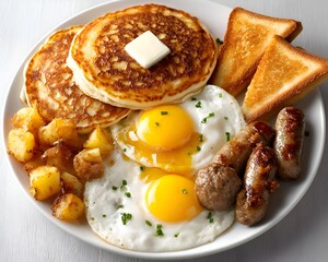 A delicious and hearty breakfast plate featu pancakes, fried eggs, sausage, potatoes, and toast is displayed in a bright studio setting.
