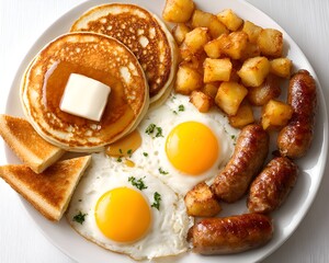 A hearty breakfast plate with pancakes, butter, fried eggs, sausage links, home fries, and toast looks delicious and satisfying to eat.