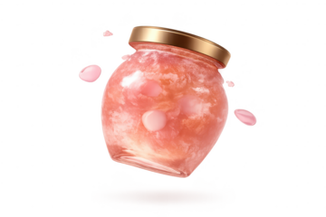 Jar of pink peach jam on transparent background, isolated marmalade jar.