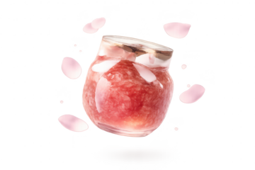 Jar of peach jam and petals, transparent background for your design.
