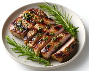 Grilled pork chop slices with herb butter on a plate, garnished with fresh rosemary sprigs, creating an appetizing gourmet food presentation.