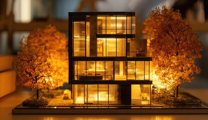 Illuminated architectural model of a modern, multi-story home set amid vibrant, autumnal trees