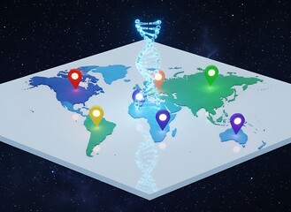 World map with glowing DNA strand, location pins, and starry background