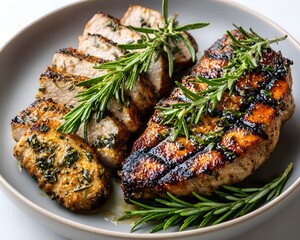 Delicious grilled pork chops are beautifully arranged on a plate with fresh rosemary sprigs, creating an appetizing and flavorful meal presentation.