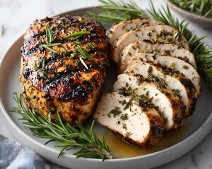 Grilled and sliced chicken breast is garnished with fresh rosemary on a white plate, showcasing a delicious and healthy meal preparation.