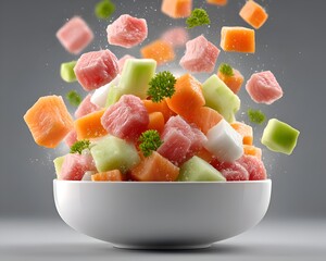 Colorful cubes of melon and papaya fruit are creatively arranged in a white bowl for a fresh and healthy dessert experience, floating in the air.