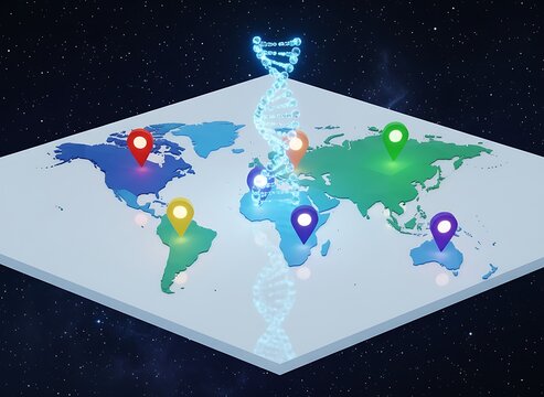 World map with glowing DNA strand, location pins, and starry background - Powered by Adobe