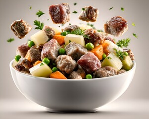A delicious bowl of beef stew with vegetables, including carrots, peas, and potatoes, is ready to be served for a hearty and warm meal.