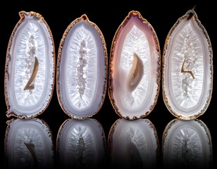 Four sliced geodes displaying internal crystal structures and reflections on black