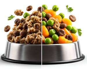 Half dry and half balanced pet food in metal bowl with peas and carrots floating above the container against a bright white background.