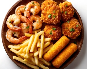 Delicious seafood platter featu fried shrimp, crispy nuggets, cheese sticks, and golden french fries served on a rustic wooden plate for lunch.