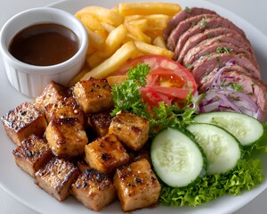 A delicious and colorful platter featu grilled tofu cubes, sliced meat rolls, golden fries, fresh vegetables, and savory dipping sauce presented.