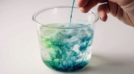 Close-up of blue and green ink dissolving in water in a clear glass against a white background