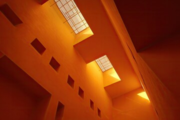 Interior architectural study of a building with orange walls and geometric skylights