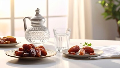 Elegant table setting with dates, water, and silver pitcher in soft daylight near window.