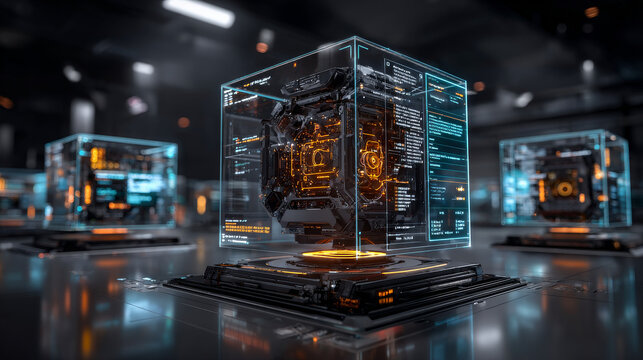 3D rendering abstract blocks of code that are in the virtual space. Camera inside the computer code