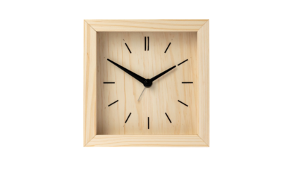 Wooden clock, square face, minimalist hands on black