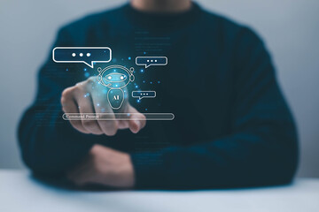 Artificial intelligence chatbot interface concept with human hand touching virtual AI assistant, command prompt, digital communication icons, automation, machine learning, future technology