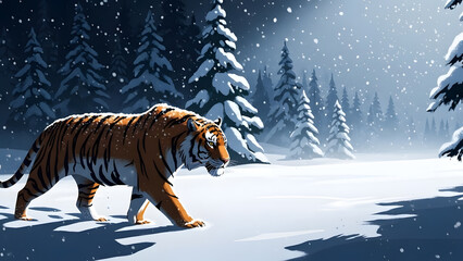 Majestic tiger walking through a snowy winter landscape