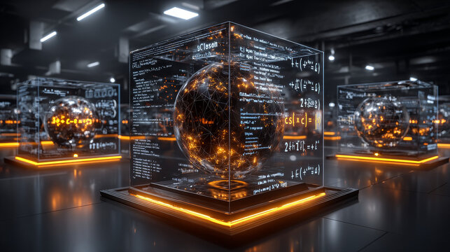 3D rendering abstract blocks of mathematical formulas that are in the virtual space. Camera inside the mathematical formulas