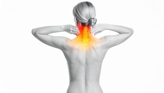 "Human neck and upper back highlighted in red tones showing pain and tension."
