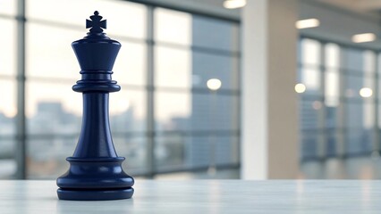 A solitary dark blue king chess piece stands on a table in a bright, modern office