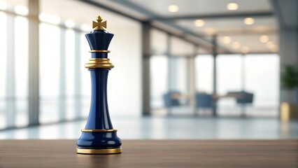 Symbolic blue and gold king chess piece representing strategy and leadership on a table