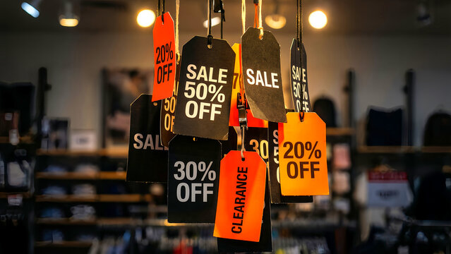 Brightly colored sale and clearance price tags showing significant discounts like 50 percent off and 20 percent off hanging prominently in a retail clothing store environment. - Powered by Adobe