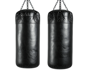 Two black punching bags hang isolated against dark backdrop