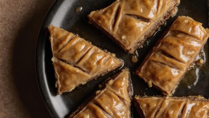 Delicious Baklava Pastries on a Dark Plate, Sweet Dessert.