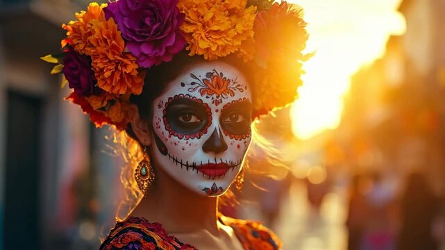 Beautiful Woman with Sugar Skull Makeup and Flower Crown at Sunset.