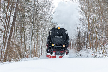 Selketalbahn in Winterlandschaft im Harz