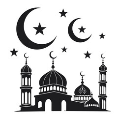 Islamic mosque silhouette with celestial symbols