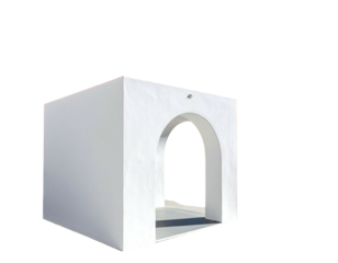 White cube structure with arched entrance; black background