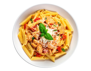 Penne pasta with chicken, tomato, cheese, and basil