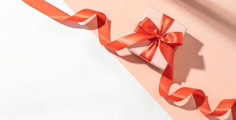 Pink gift box with red ribbon on two tone solid geometry background. Banner template of present for birthday, Valentine day, Mother day. Holiday surprise gift with copy space.