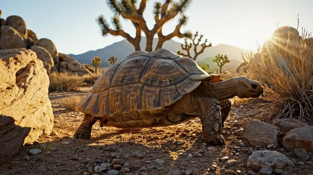 Desert tortoise walking slowly across sunlit arid landscape with Joshua trees and mountains in the background