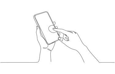 One continuous line drawing of hands holding and touch the screen of smartphone.  Editable outline illustration. one line Icon drawing